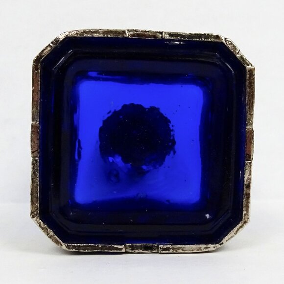 Vintage Cobalt Blue Art Nouveau Perfume Glass Bottle Silver Tone Floral Overlay - Picture 6 of 7